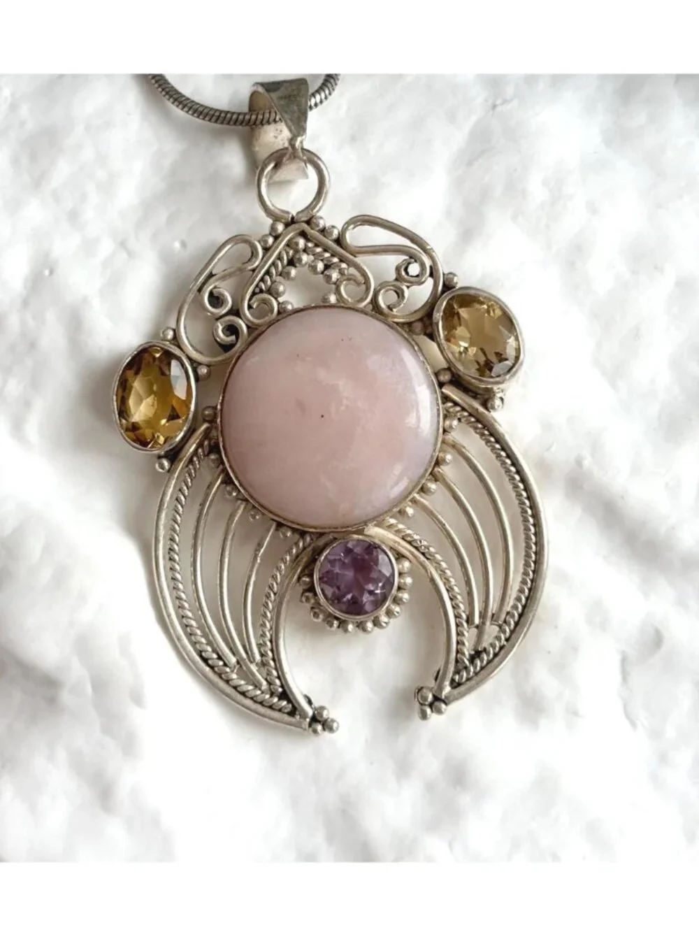 Rose Quartz Amethyst & Citrine Sterling Silver 925 Vintage Pendant Necklace 20